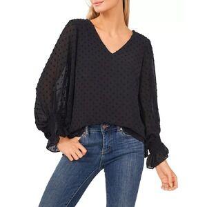 Vince Camuto Swiss Dot Blouse V-Neck Long Sleeve Top‎ Black Women's Size S